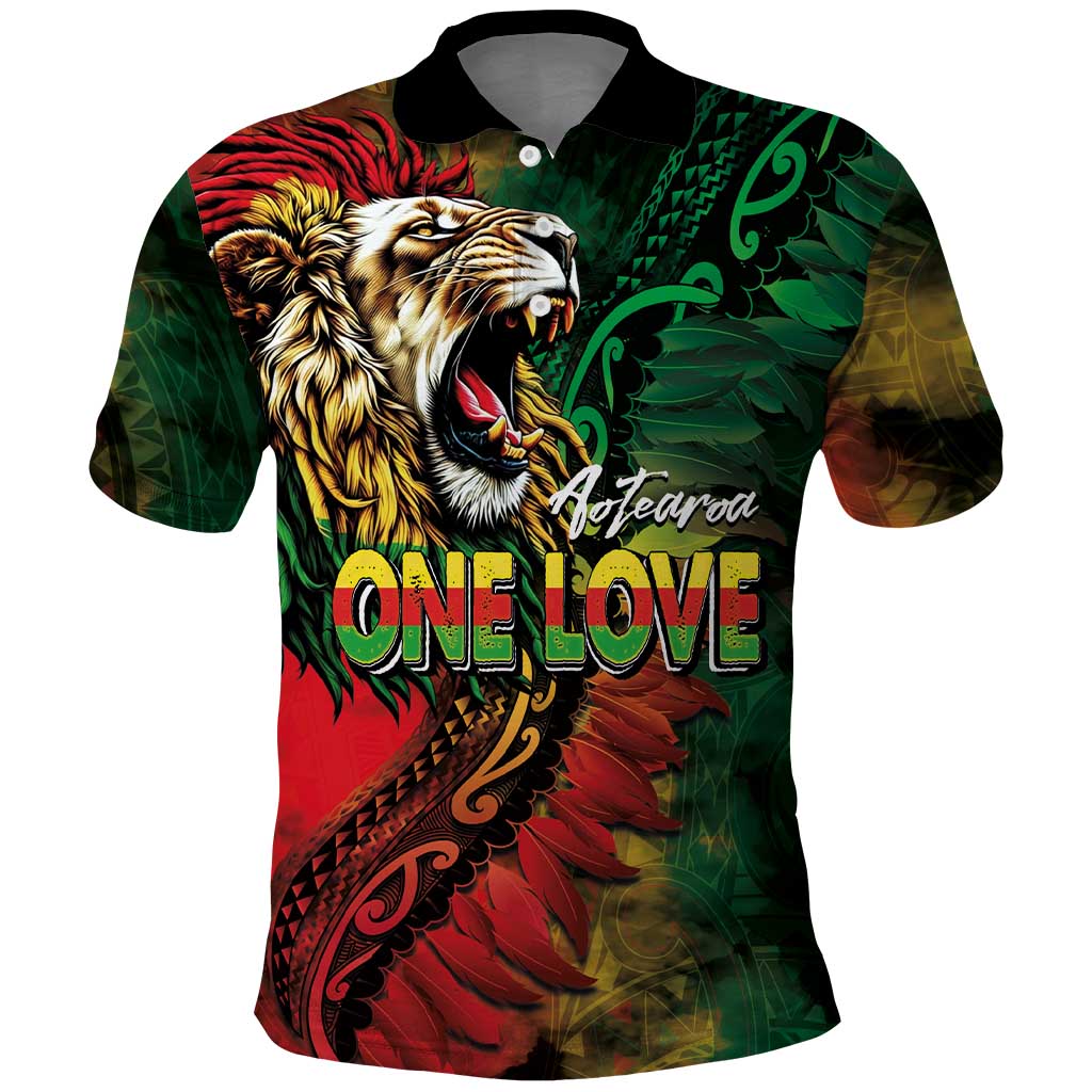 Aotearoa One Love Polo Shirt Reggae Lion with Kakahu Huruhuru