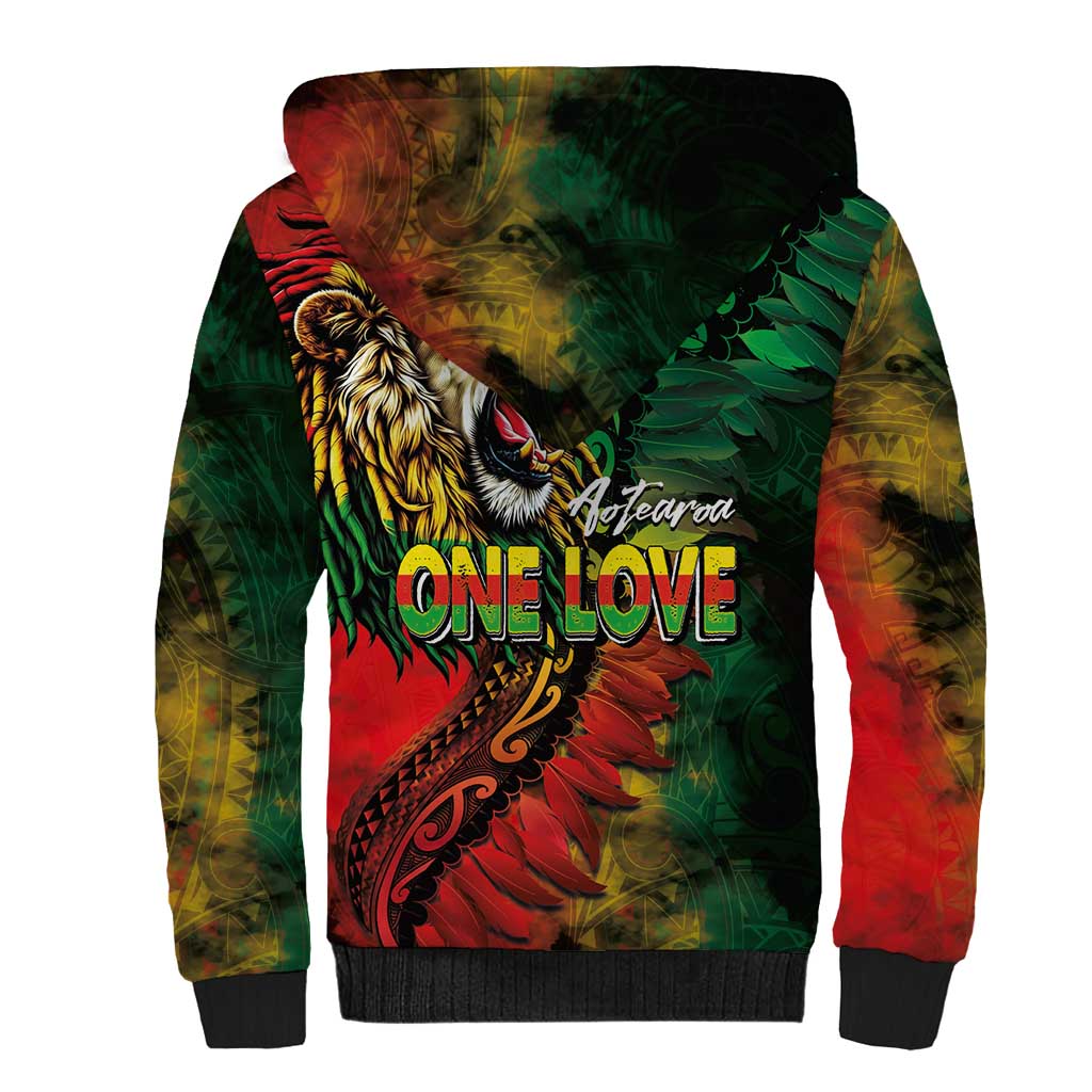 Aotearoa One Love Sherpa Hoodie Reggae Lion with Kakahu Huruhuru