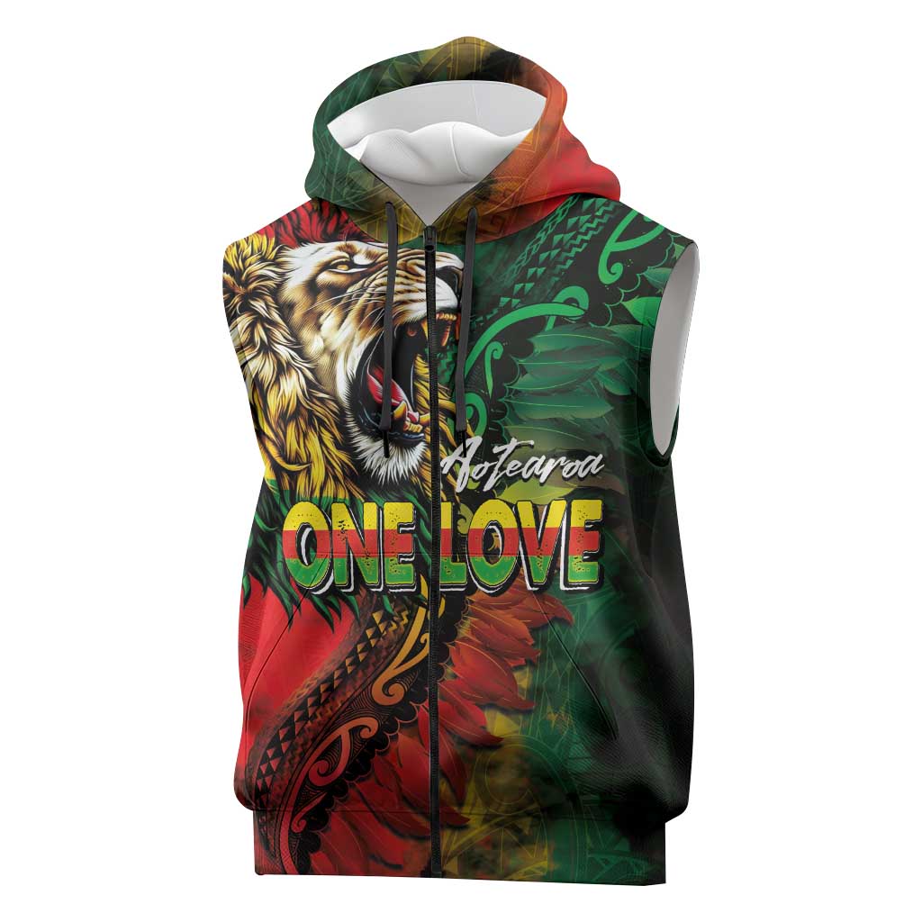 Aotearoa One Love Sleeveless Zip Hoodie Reggae Lion with Kakahu Huruhuru