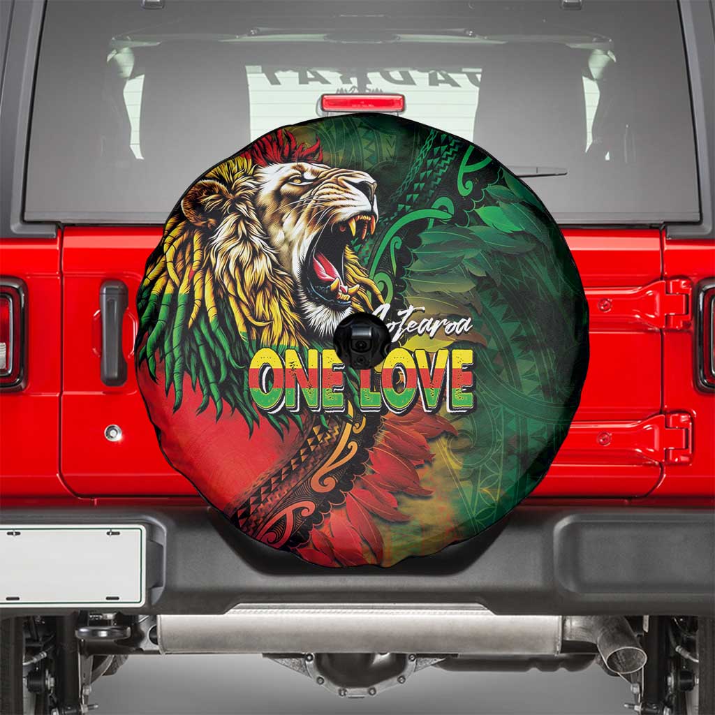 Aotearoa One Love Spare Tire Cover Reggae Lion with Kakahu Huruhuru