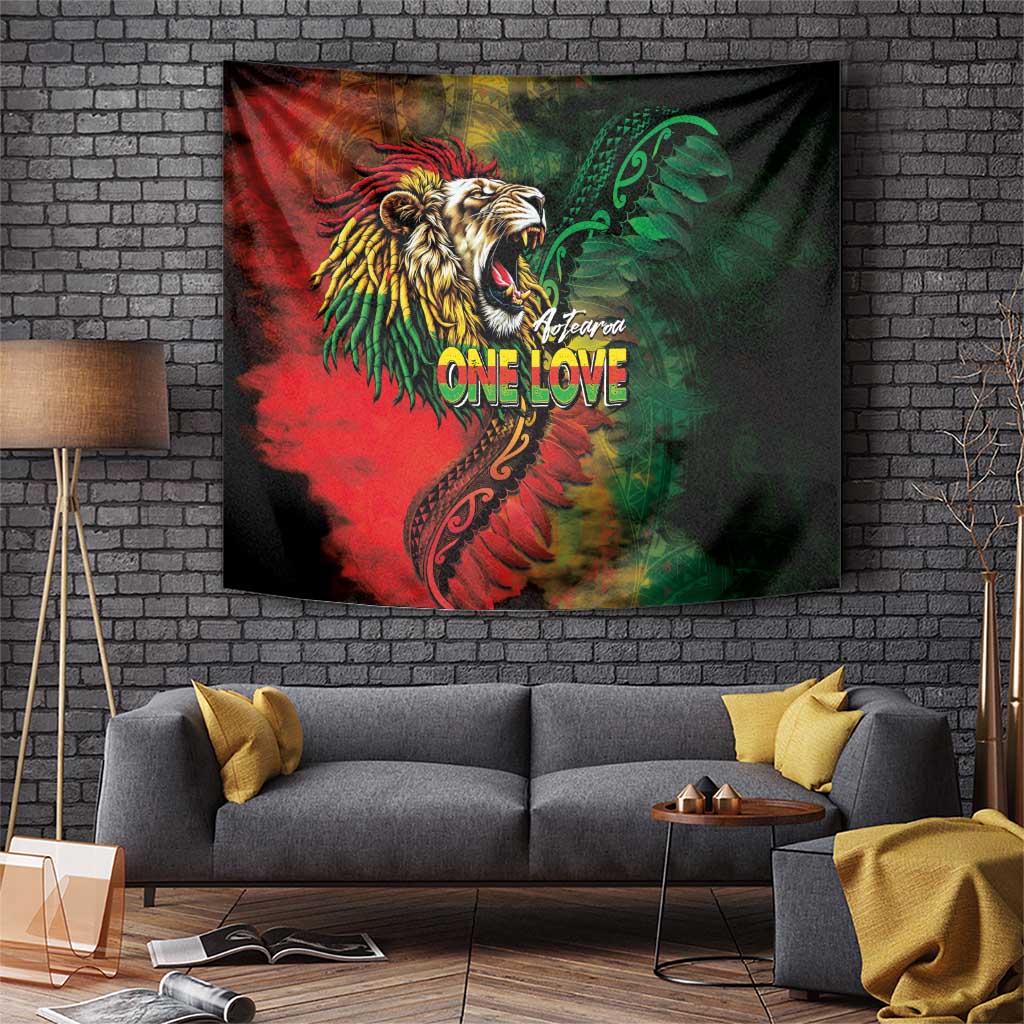 Aotearoa One Love Tapestry Reggae Lion with Kakahu Huruhuru