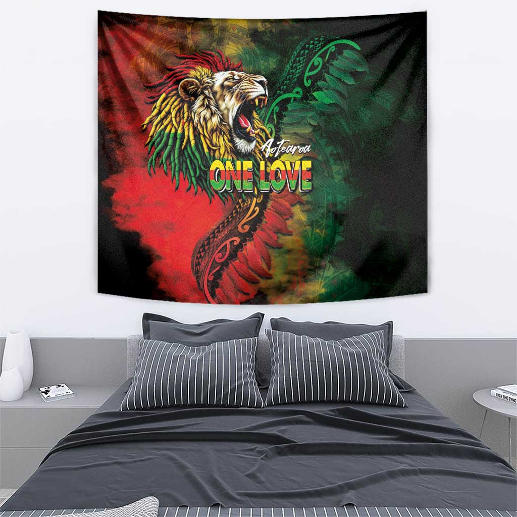 Aotearoa One Love Tapestry Reggae Lion with Kakahu Huruhuru