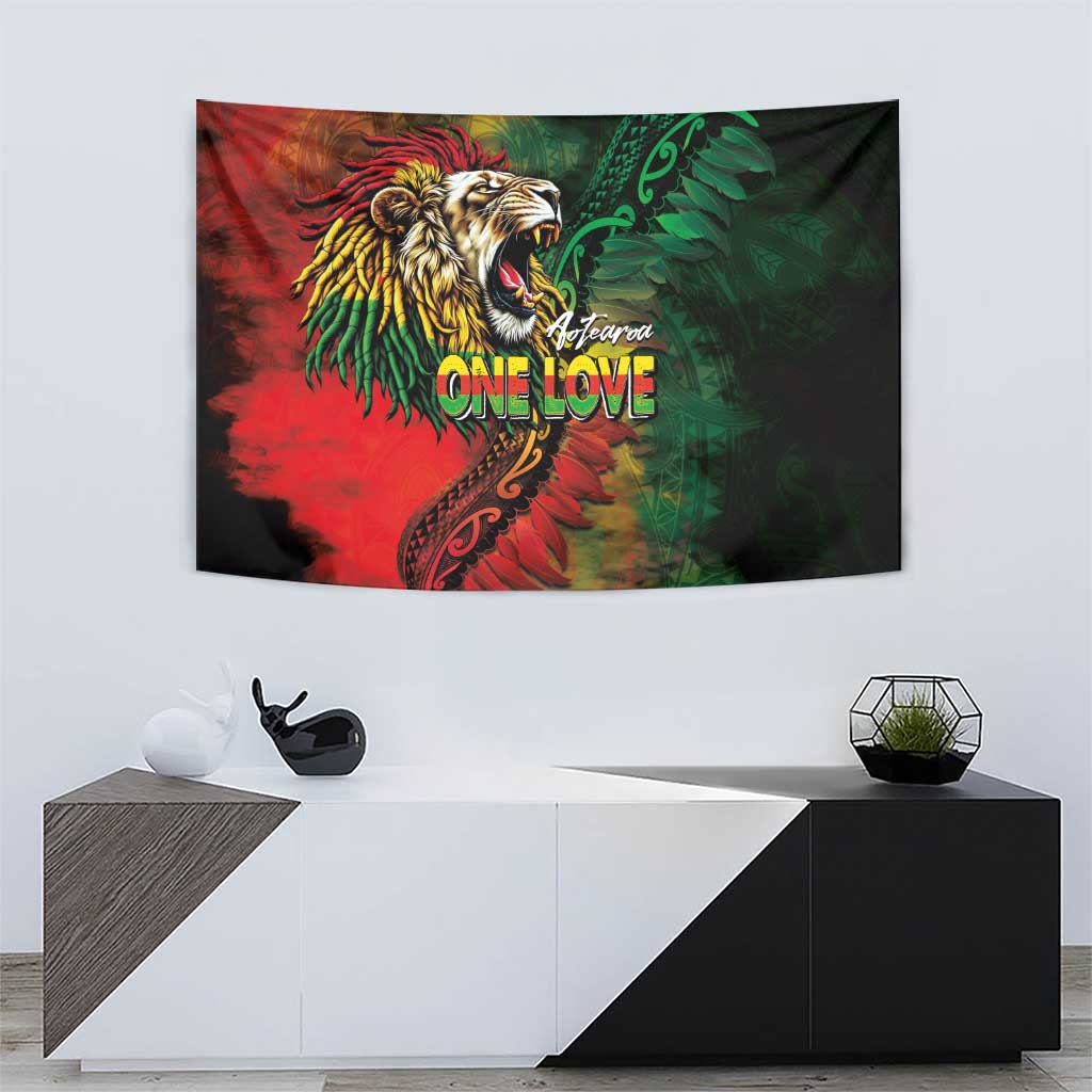 Aotearoa One Love Tapestry Reggae Lion with Kakahu Huruhuru