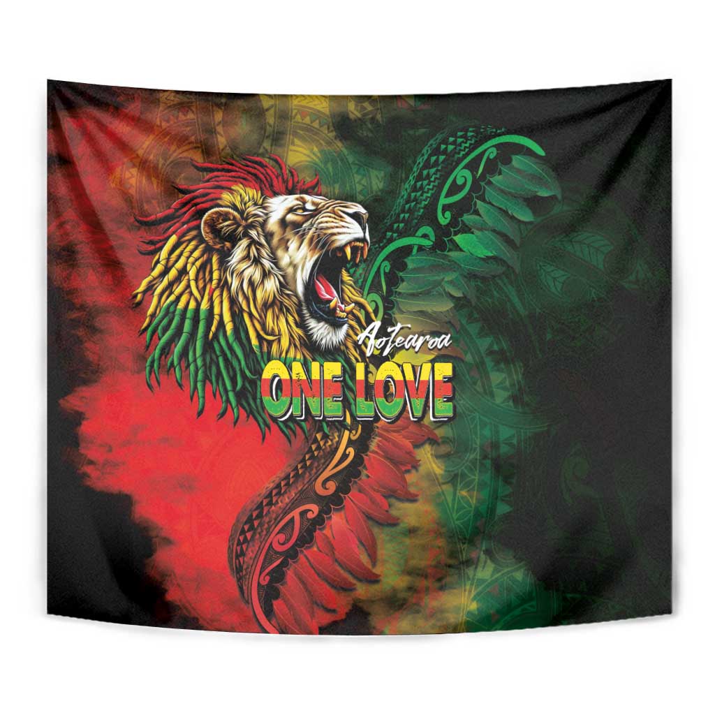 Aotearoa One Love Tapestry Reggae Lion with Kakahu Huruhuru