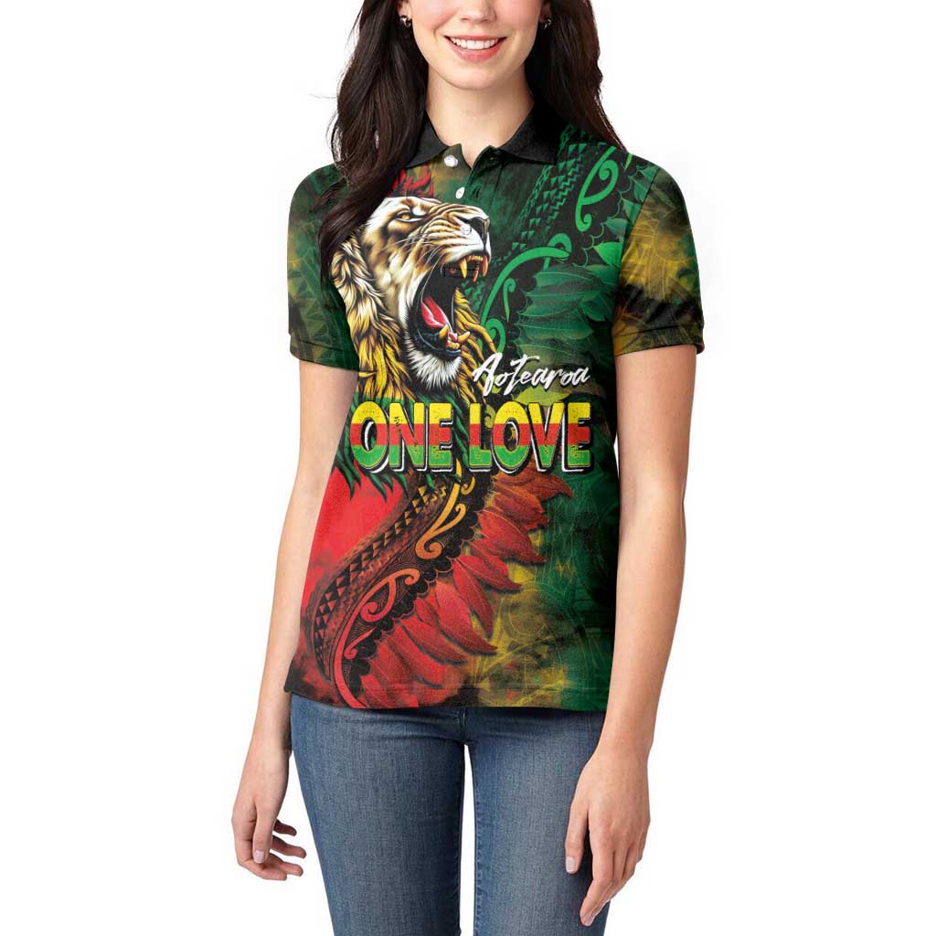 Aotearoa One Love Women Polo Shirt Reggae Lion with Kakahu Huruhuru LT03 - Polynesian Pride