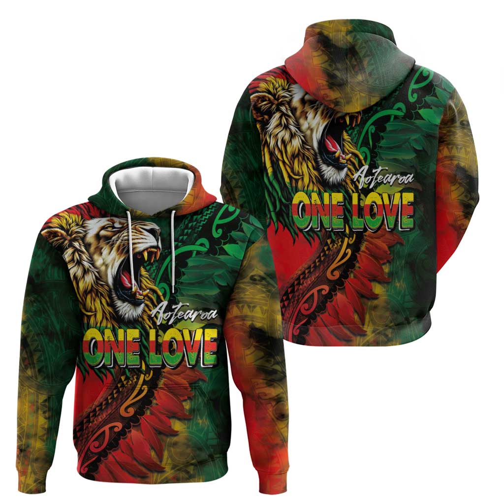 Aotearoa One Love Zip Hoodie Reggae Lion with Kakahu Huruhuru