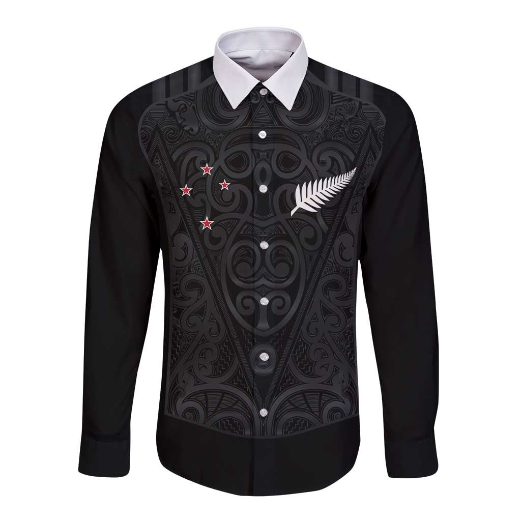 Custom Aotearoa Rugby Long Sleeve Button Shirt Fern Blacks-Traditional Maori Motifs Design LT03 Unisex Black - Polynesian Pride