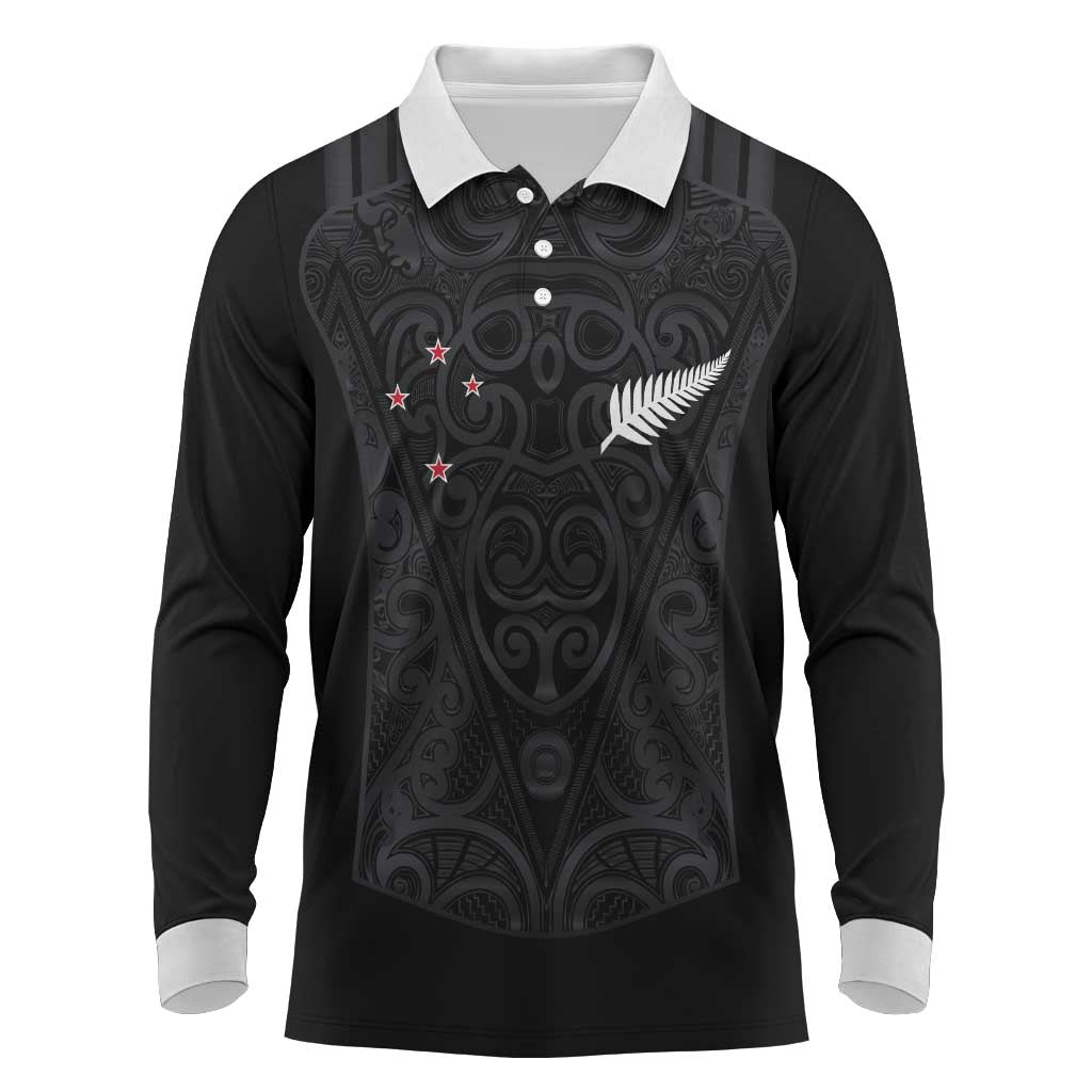 Custom Aotearoa Rugby Long Sleeve Polo Shirt Fern Blacks-Traditional Maori Motifs Design