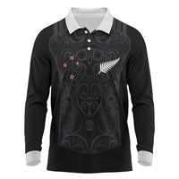 Custom Aotearoa Rugby Long Sleeve Polo Shirt Fern Blacks-Traditional Maori Motifs Design
