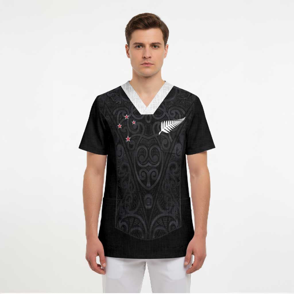 Custom Aotearoa Rugby Scrub Top Fern Blacks-Traditional Maori Motifs Design
