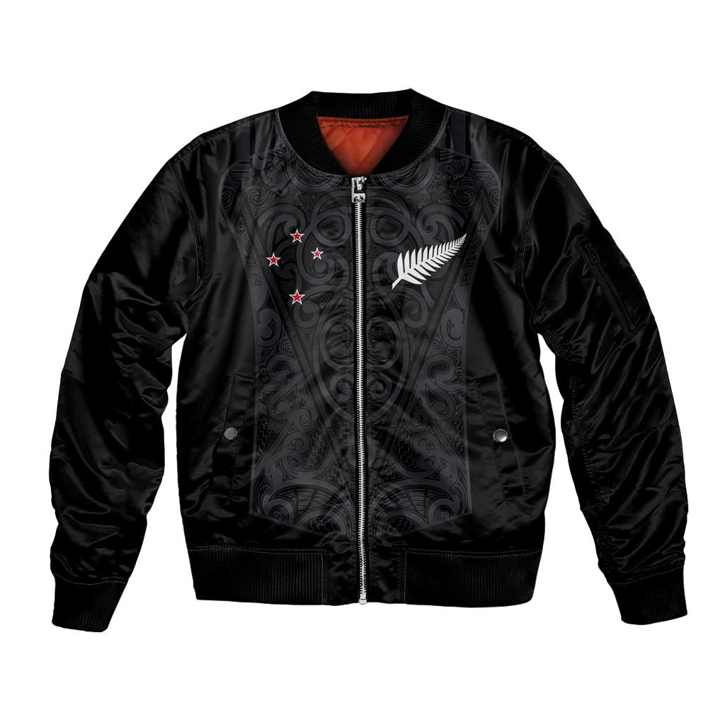 Custom Aotearoa Rugby Sleeve Zip Bomber Jacket Fern Blacks-Traditional Maori Motifs Design LT03 Unisex Black - Polynesian Pride
