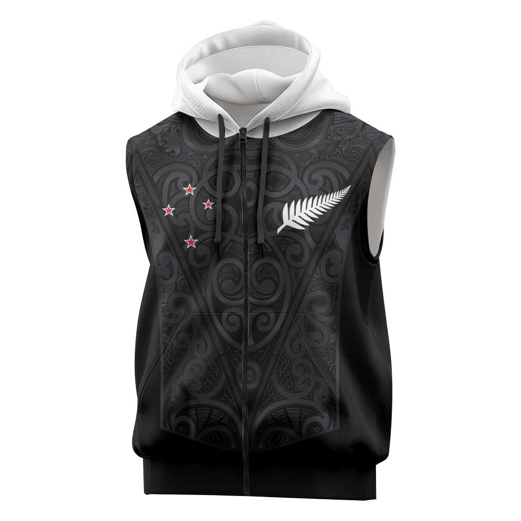 Custom Aotearoa Rugby Sleeveless Zip Hoodie Fern Blacks-Traditional Maori Motifs Design