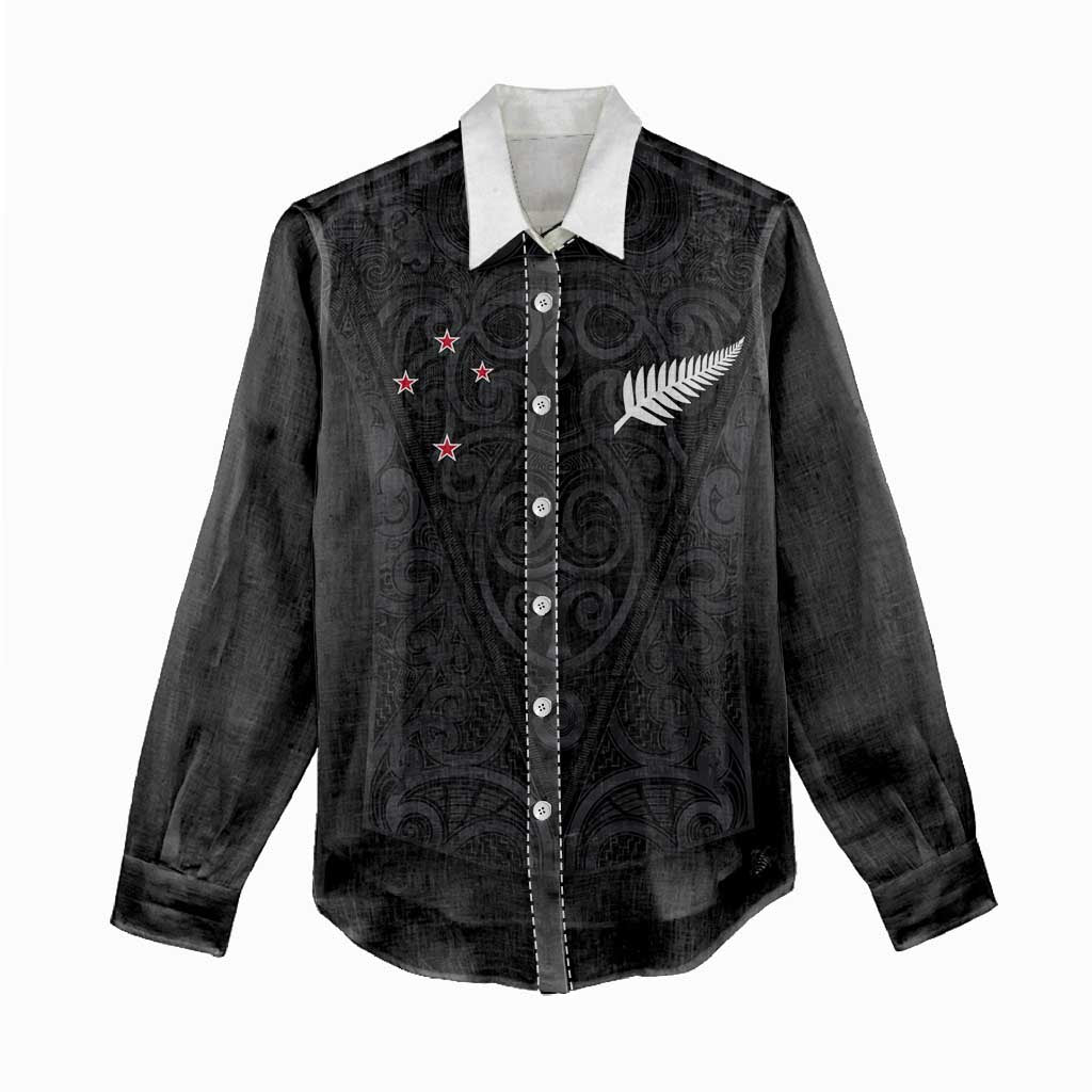 Custom Aotearoa Rugby Women Casual Shirt Fern Blacks-Traditional Maori Motifs Design LT03 - Polynesian Pride