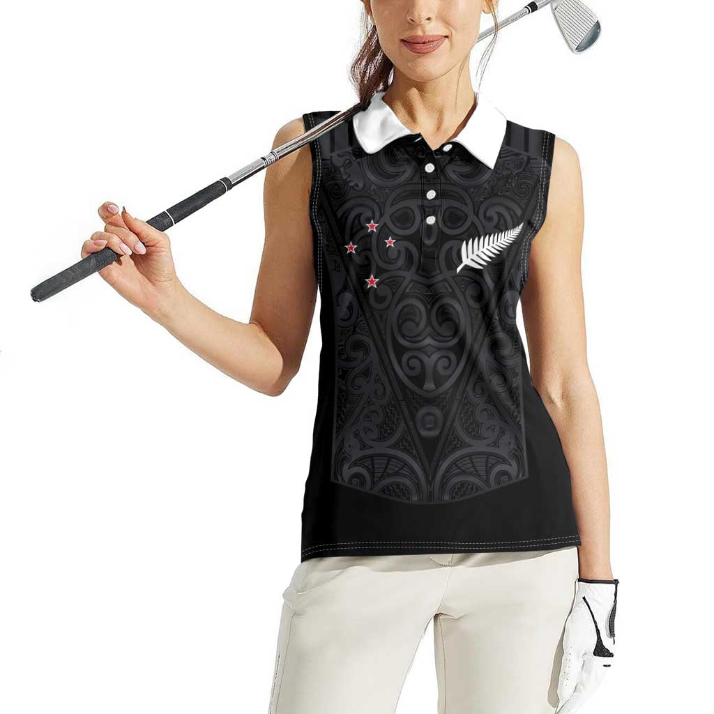 Custom Aotearoa Rugby Women Sleeveless Polo Shirt Fern Blacks-Traditional Maori Motifs Design