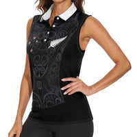 Custom Aotearoa Rugby Women Sleeveless Polo Shirt Fern Blacks-Traditional Maori Motifs Design