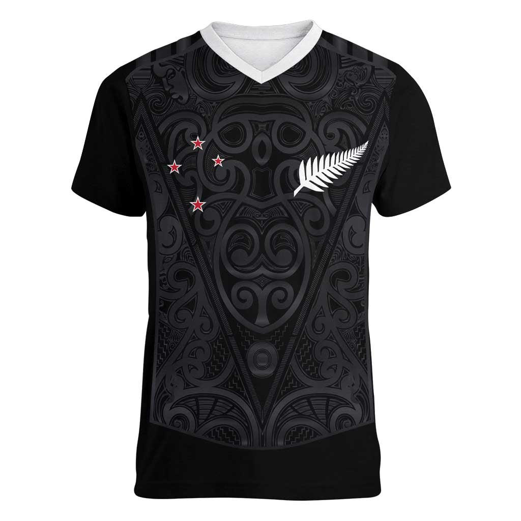 Custom Aotearoa Rugby Women V-Neck T-Shirt Fern Blacks-Traditional Maori Motifs Design LT03 Female Black - Polynesian Pride