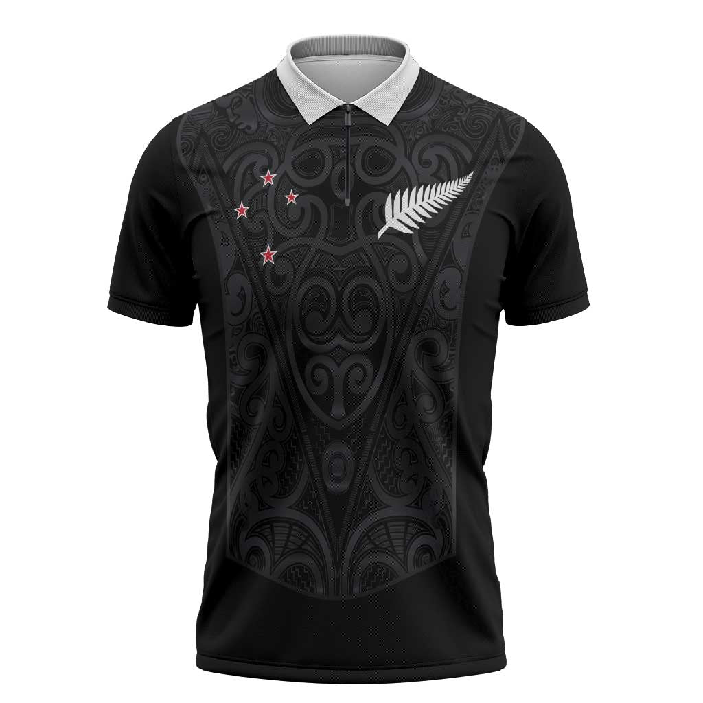 Custom Aotearoa Rugby Zipper Polo Shirt Fern Blacks-Traditional Maori Motifs Design