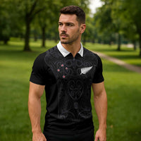 Custom Aotearoa Rugby Zipper Polo Shirt Fern Blacks-Traditional Maori Motifs Design