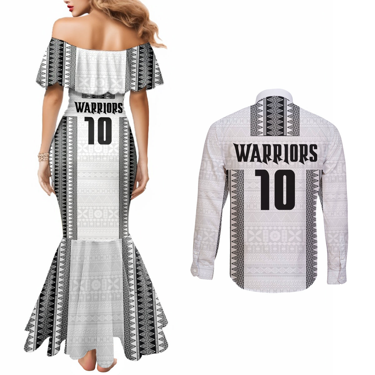 Fiji Rugby Warriors Couples Matching Mermaid Dress and Long Sleeve Button Shirt Masi Tribal Pattern Go Champion 2024