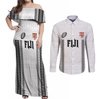 Fiji Rugby Warriors Couples Matching Off Shoulder Maxi Dress and Long Sleeve Button Shirt Masi Tribal Pattern Go Champion 2024