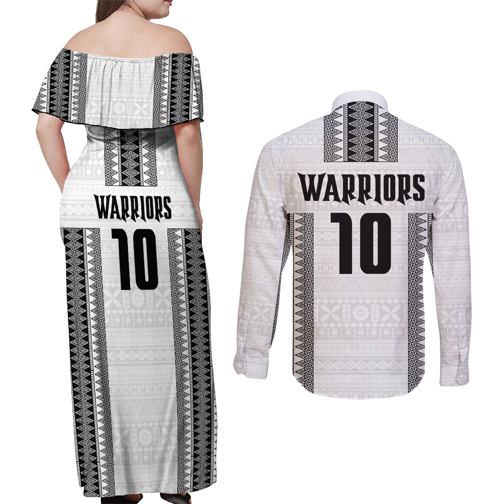 Fiji Rugby Warriors Couples Matching Off Shoulder Maxi Dress and Long Sleeve Button Shirt Masi Tribal Pattern Go Champion 2024