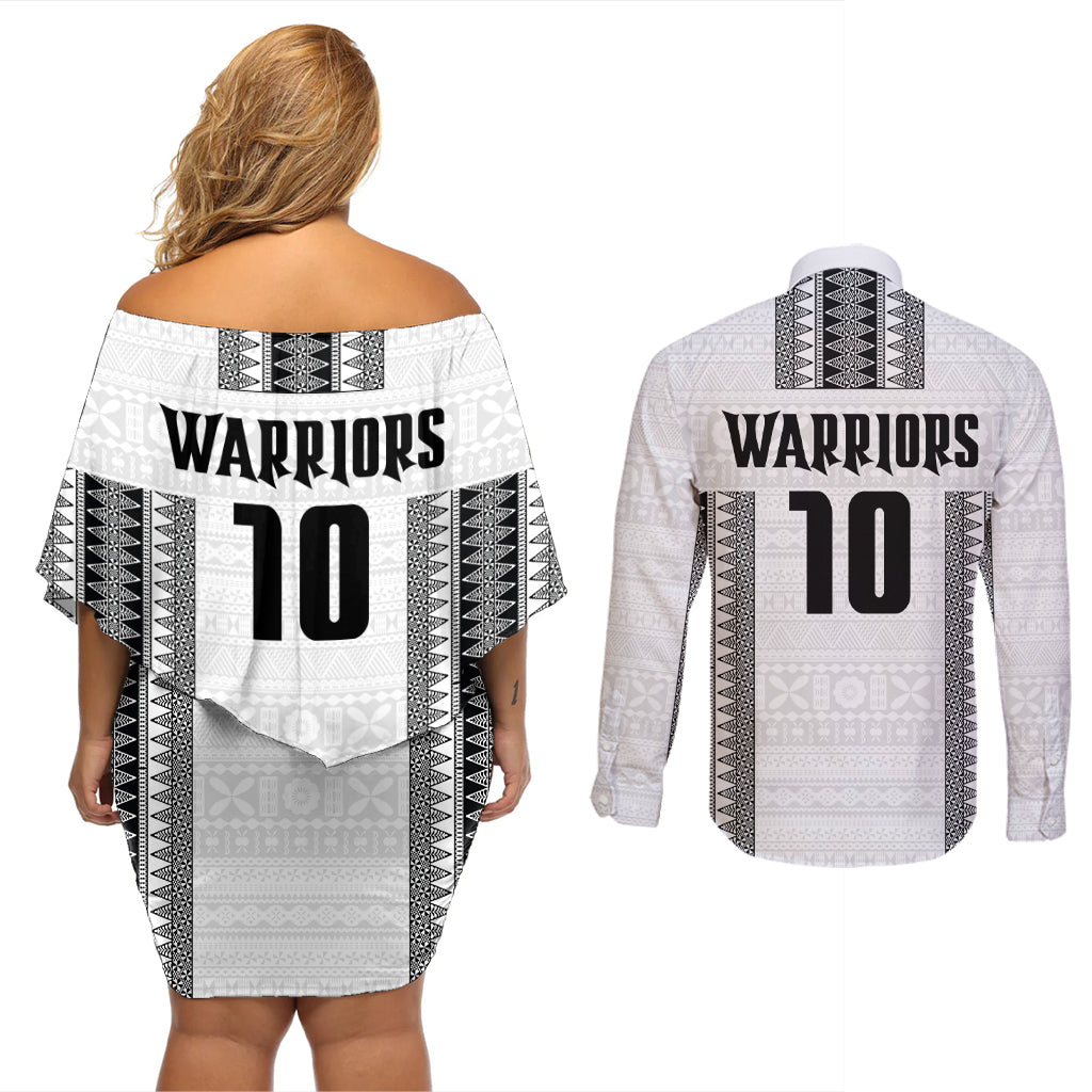 Fiji Rugby Warriors Couples Matching Off Shoulder Short Dress and Long Sleeve Button Shirt Masi Tribal Pattern Go Champion 2024