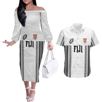 Fiji Rugby Warriors Couples Matching Off The Shoulder Long Sleeve Dress and Hawaiian Shirt Masi Tribal Pattern Go Champion 2024