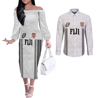 Fiji Rugby Warriors Couples Matching Off The Shoulder Long Sleeve Dress and Long Sleeve Button Shirt Masi Tribal Pattern Go Champion 2024