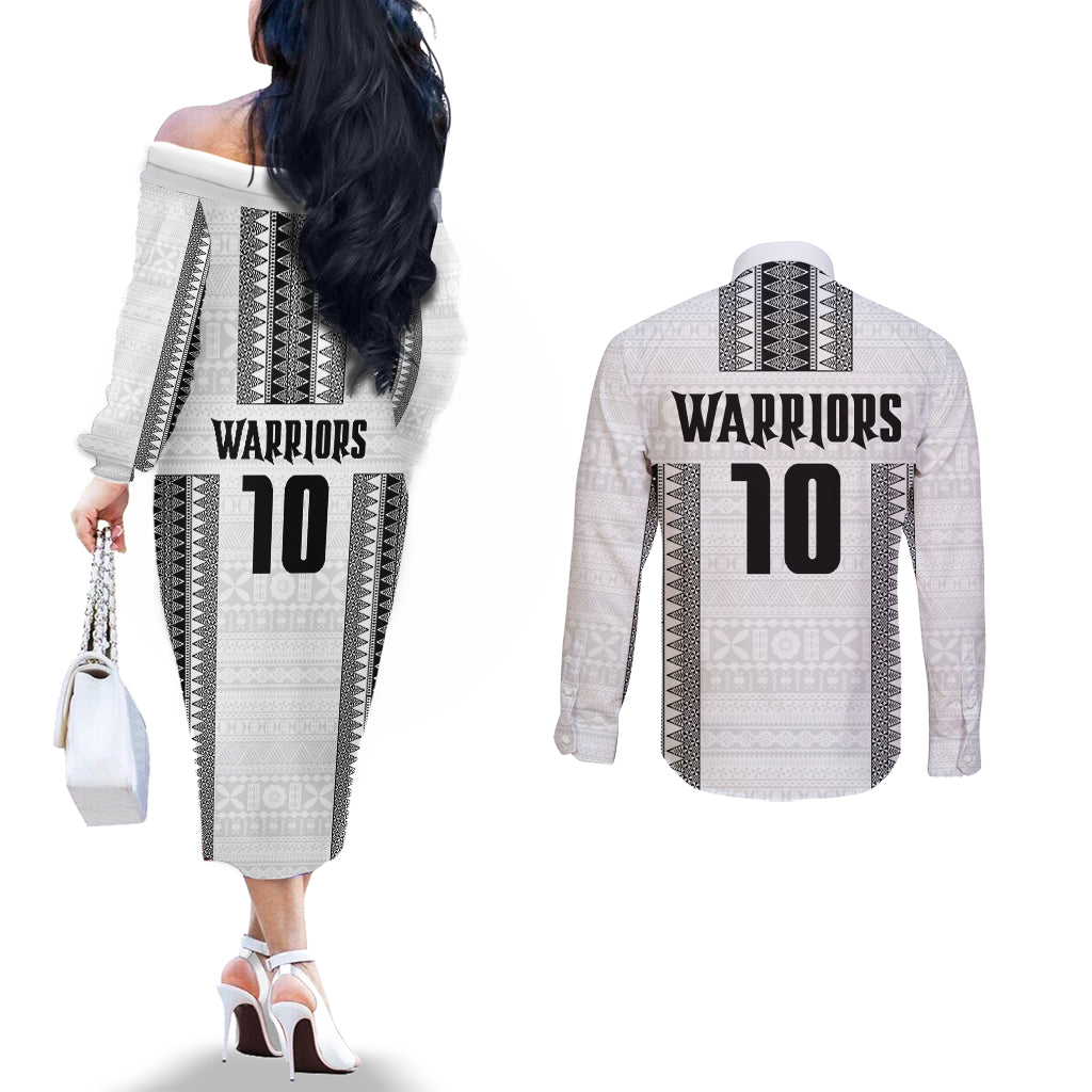 Fiji Rugby Warriors Couples Matching Off The Shoulder Long Sleeve Dress and Long Sleeve Button Shirt Masi Tribal Pattern Go Champion 2024