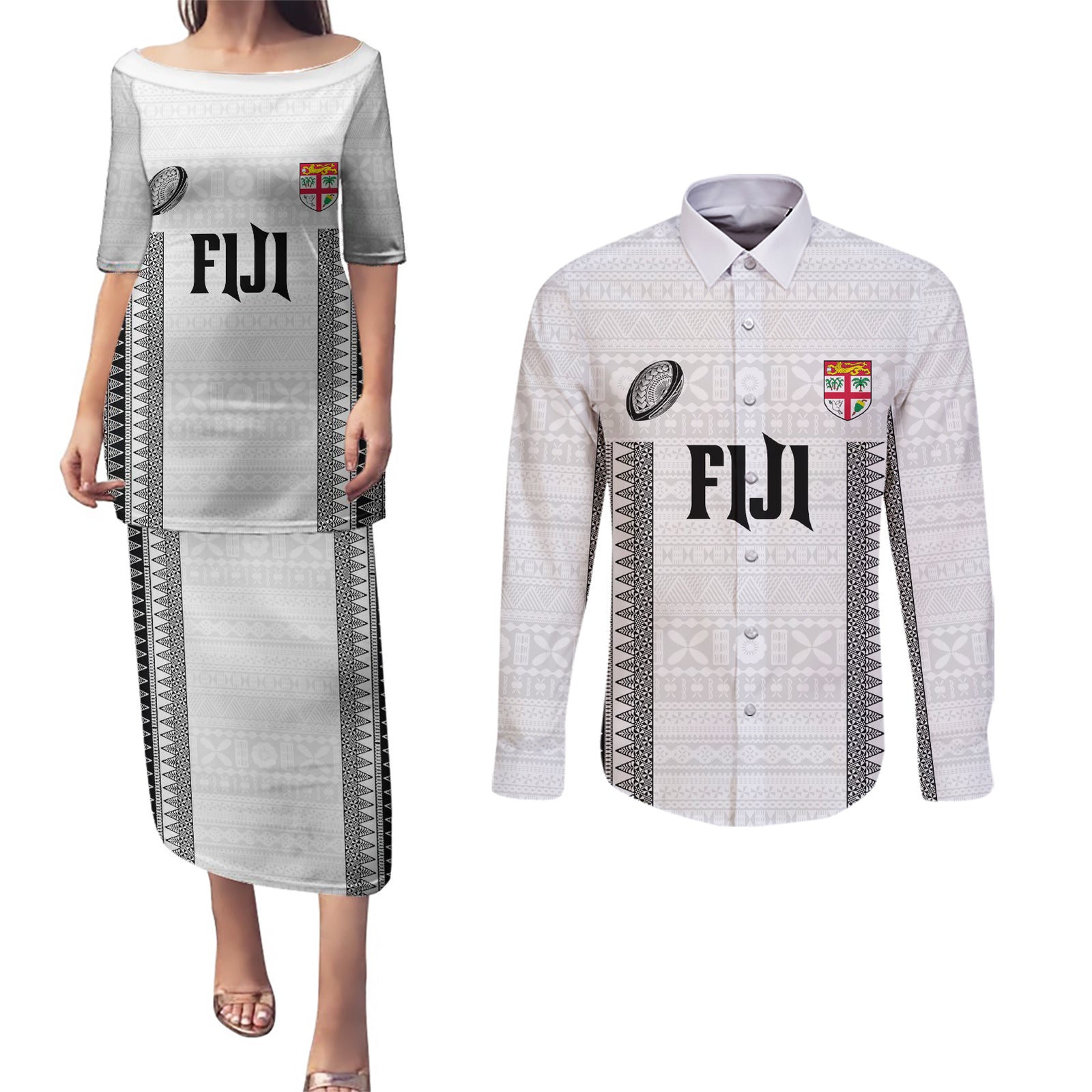 Fiji Rugby Warriors Couples Matching Puletasi and Long Sleeve Button Shirt Masi Tribal Pattern Go Champion 2024