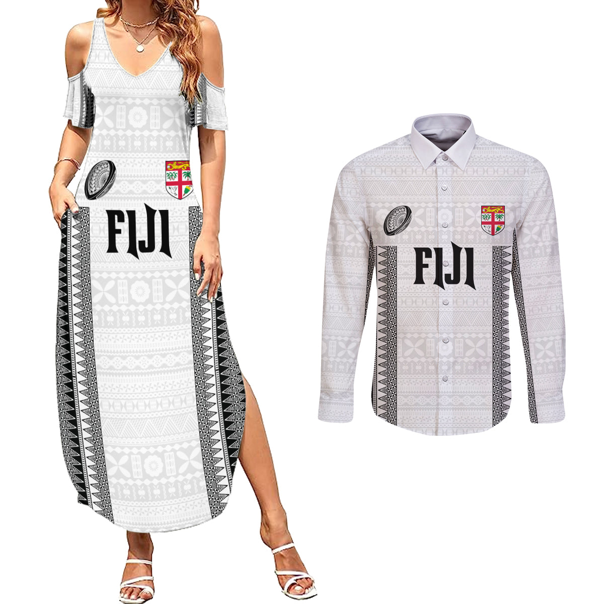 Fiji Rugby Warriors Couples Matching Summer Maxi Dress and Long Sleeve Button Shirt Masi Tribal Pattern Go Champion 2024