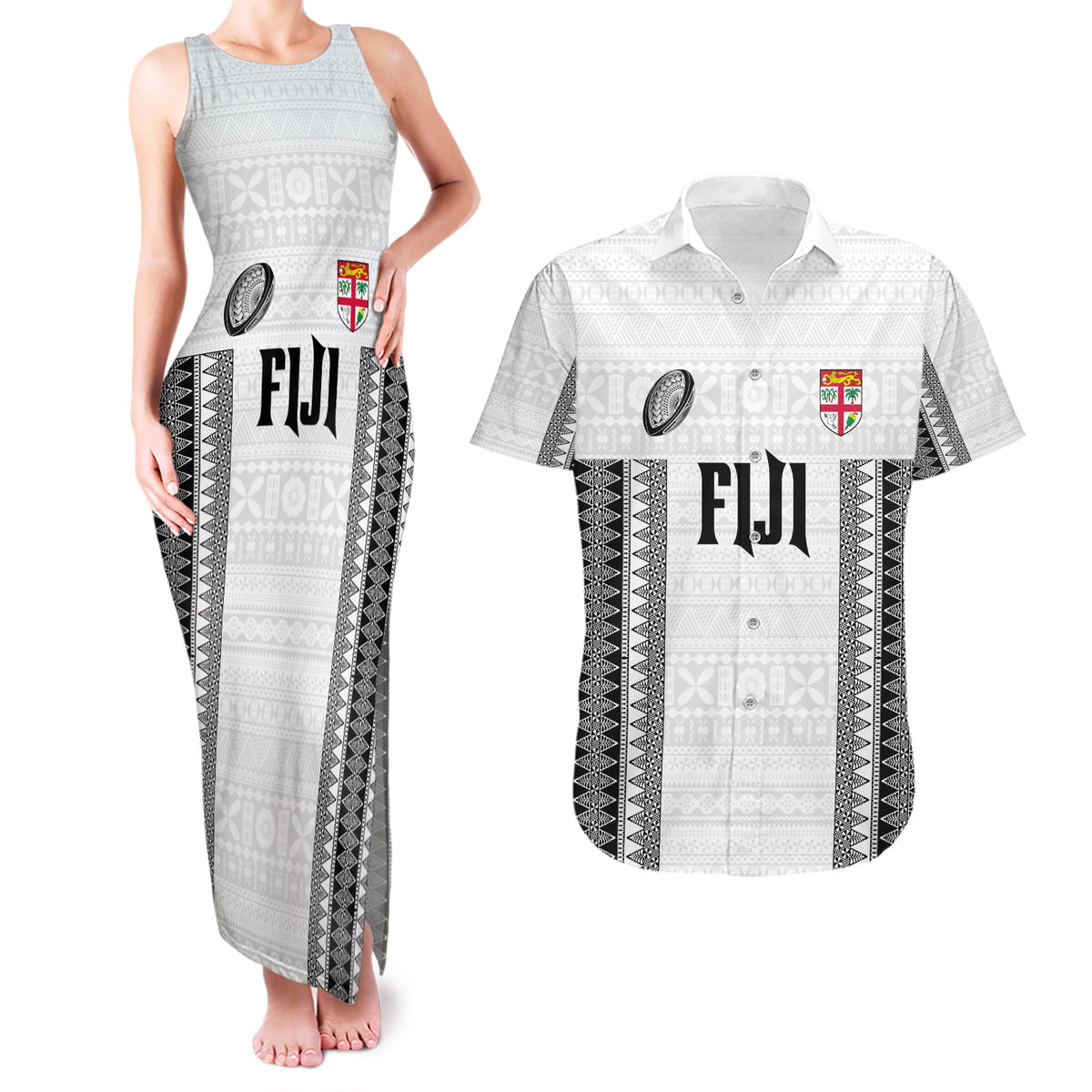 Fiji Rugby Warriors Couples Matching Tank Maxi Dress and Hawaiian Shirt Masi Tribal Pattern Go Champion 2024