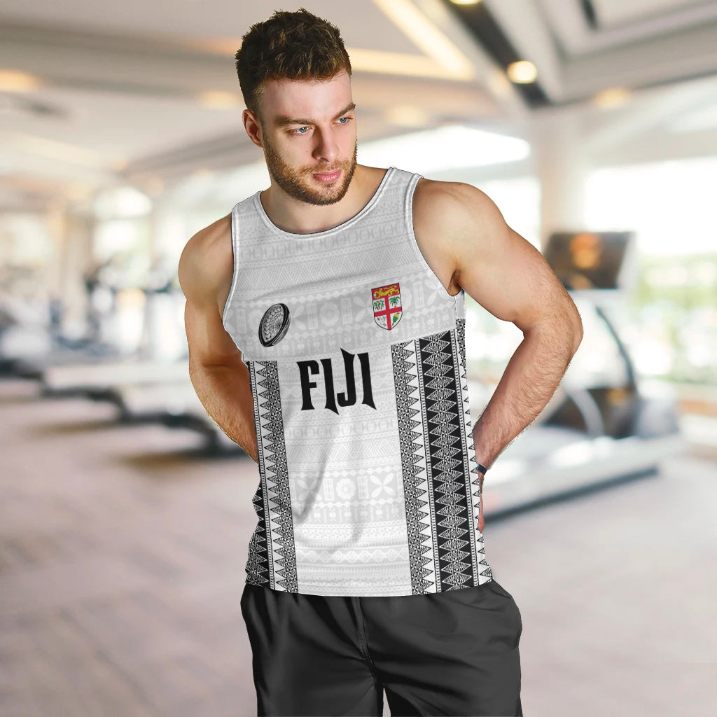 Fiji Rugby Warriors Men Tank Top Masi Tribal Pattern Go Champion 2024 LT03 White - Polynesian Pride