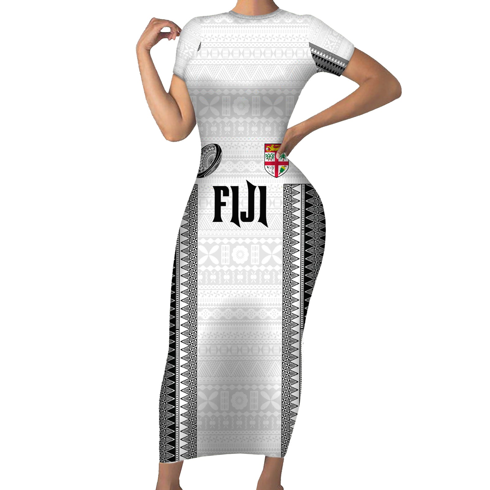 Fiji Rugby Warriors Short Sleeve Bodycon Dress Masi Tribal Pattern Go Champion 2024