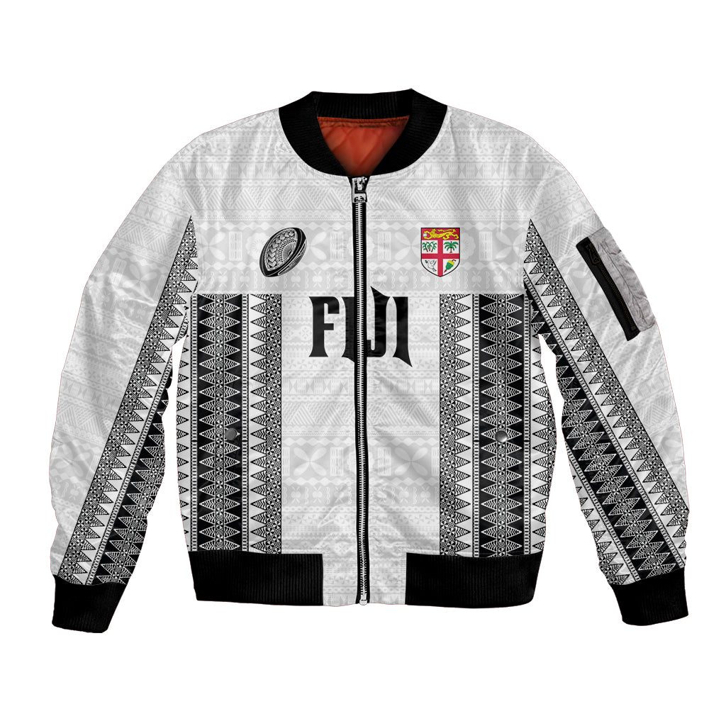 Fiji Rugby Warriors Sleeve Zip Bomber Jacket Masi Tribal Pattern Go Champion 2024 LT03 Unisex White - Polynesian Pride