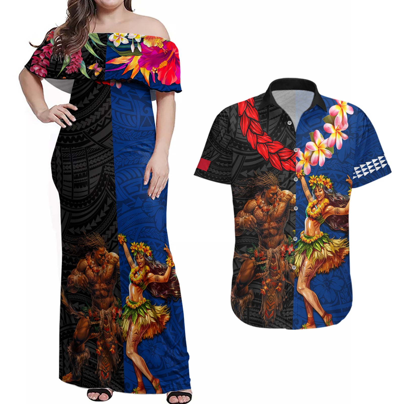 Hawaii and Samoa Together Couples Matching Off Shoulder Maxi Dress and Hawaiian Shirt Samoan Warrior and Beauty Hula Girl