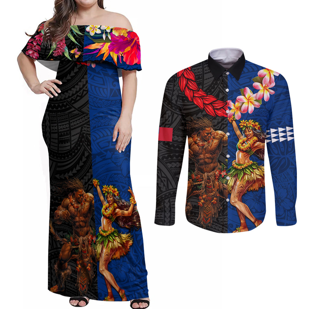 Hawaii and Samoa Together Couples Matching Off Shoulder Maxi Dress and Long Sleeve Button Shirt Samoan Warrior and Beauty Hula Girl LT03 Black - Polynesian Pride