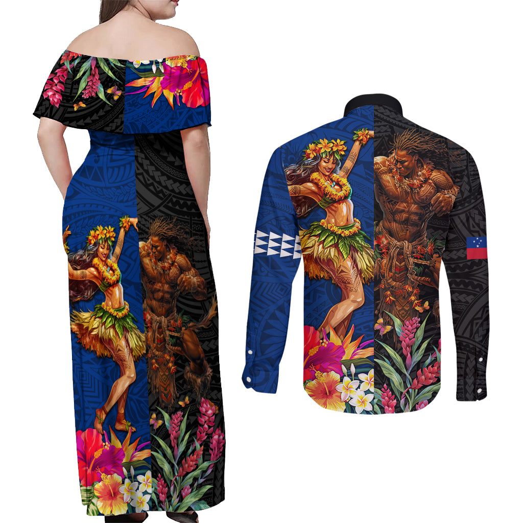 Hawaii and Samoa Together Couples Matching Off Shoulder Maxi Dress and Long Sleeve Button Shirt Samoan Warrior and Beauty Hula Girl LT03 - Polynesian Pride