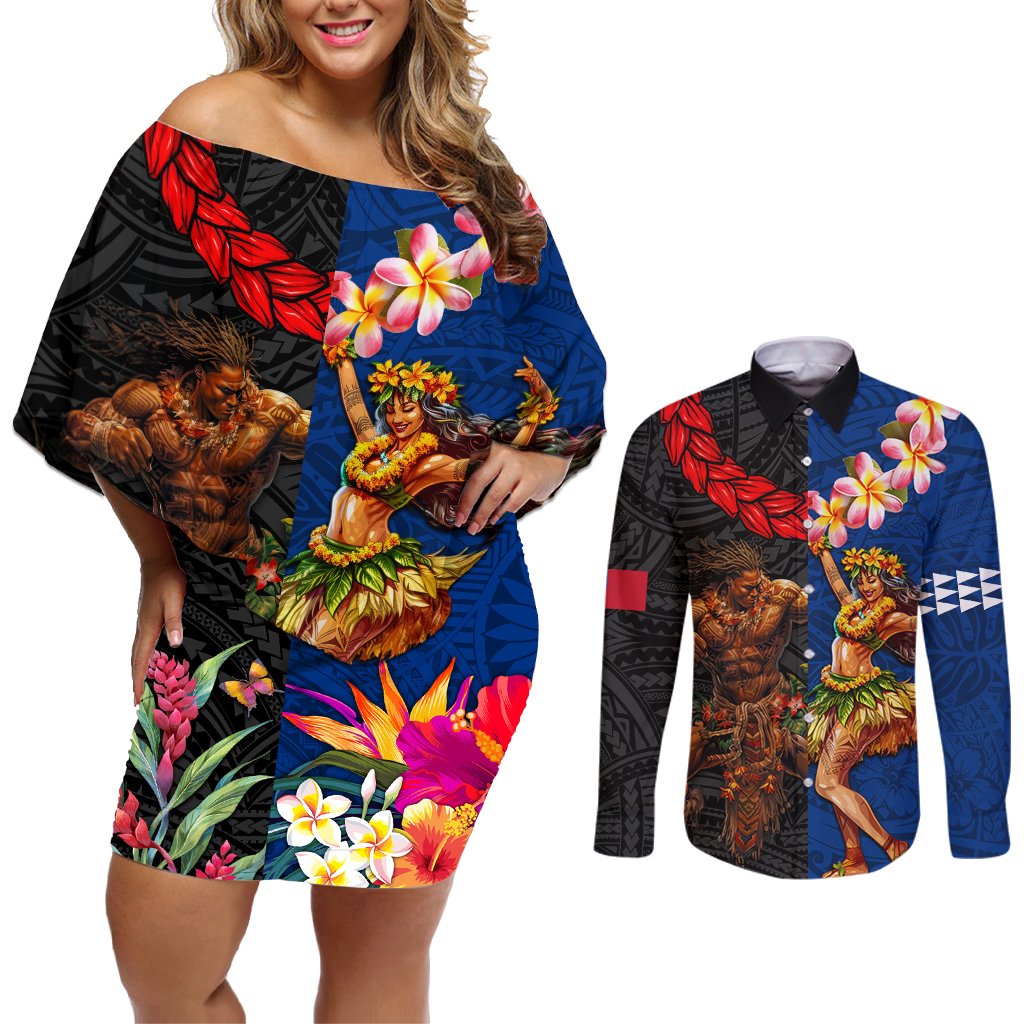 Hawaii and Samoa Together Couples Matching Off Shoulder Short Dress and Long Sleeve Button Shirt Samoan Warrior and Beauty Hula Girl LT03 Black - Polynesian Pride