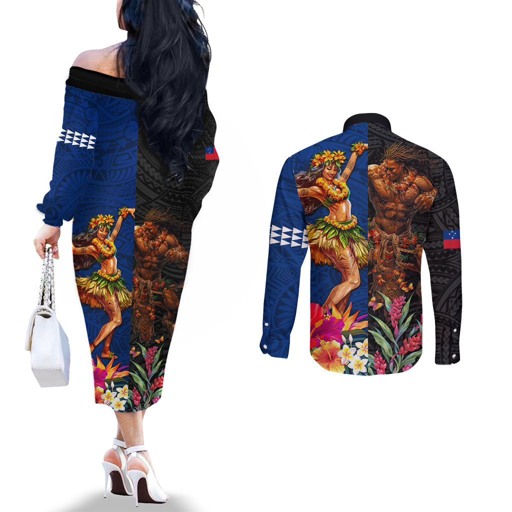 Hawaii and Samoa Together Couples Matching Off The Shoulder Long Sleeve Dress and Long Sleeve Button Shirt Samoan Warrior and Beauty Hula Girl