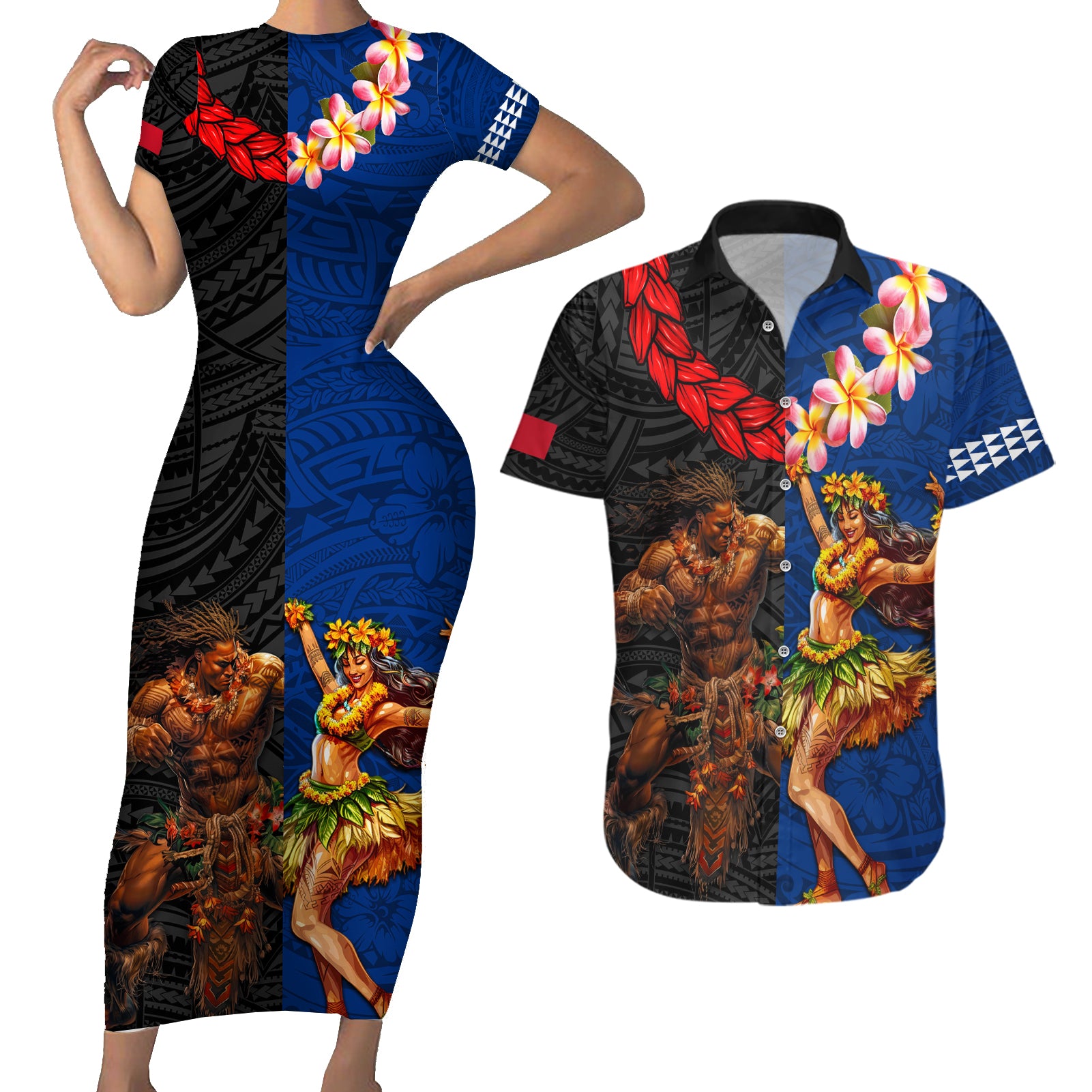 Hawaii and Samoa Together Couples Matching Short Sleeve Bodycon Dress and Hawaiian Shirt Samoan Warrior and Beauty Hula Girl