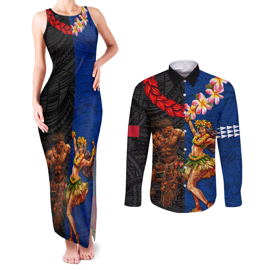 Hawaii and Samoa Together Couples Matching Tank Maxi Dress and Long Sleeve Button Shirt Samoan Warrior and Beauty Hula Girl LT03 Black - Polynesian Pride