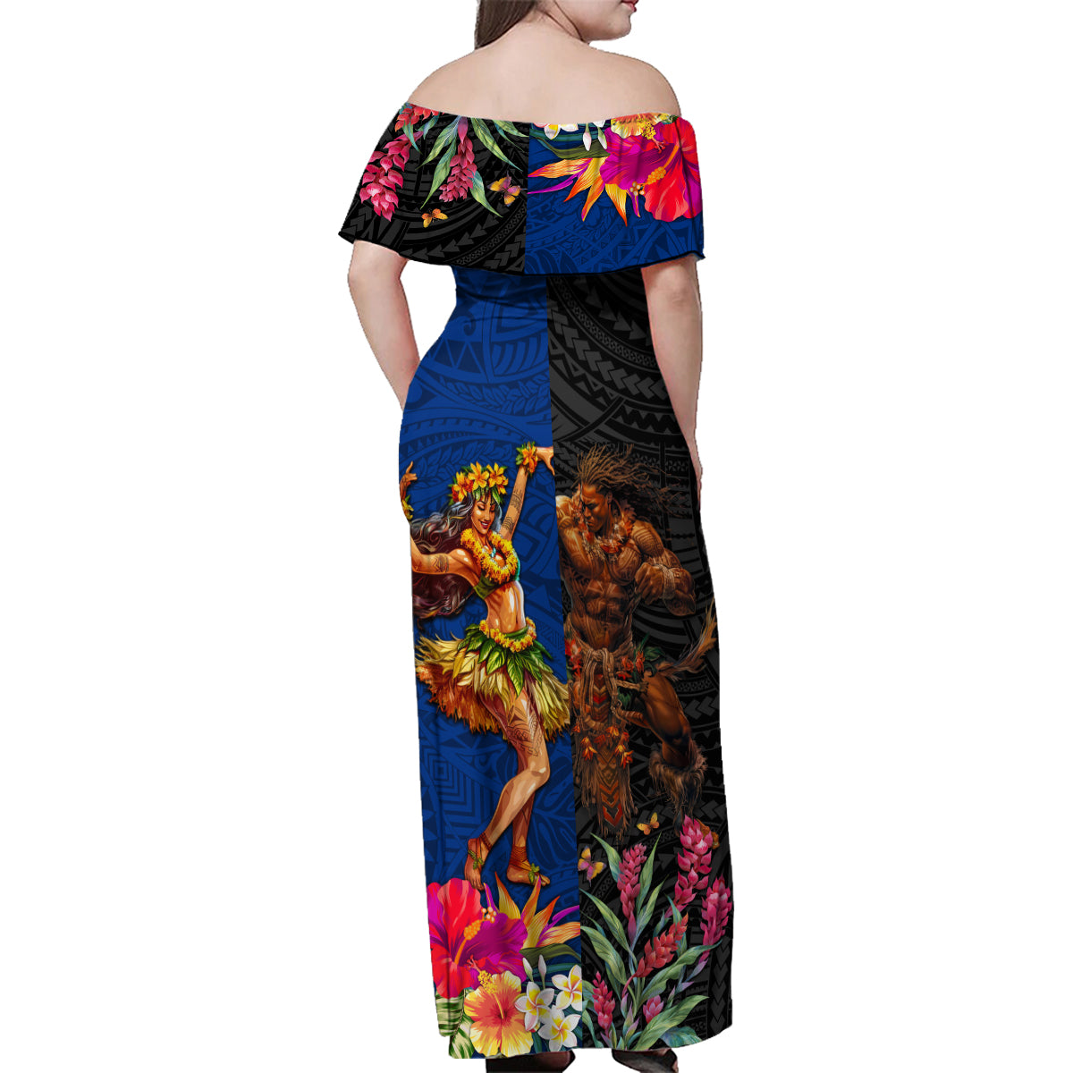 Hawaii and Samoa Together Family Matching Off Shoulder Maxi Dress and Hawaiian Shirt Samoan Warrior and Beauty Hula Girl