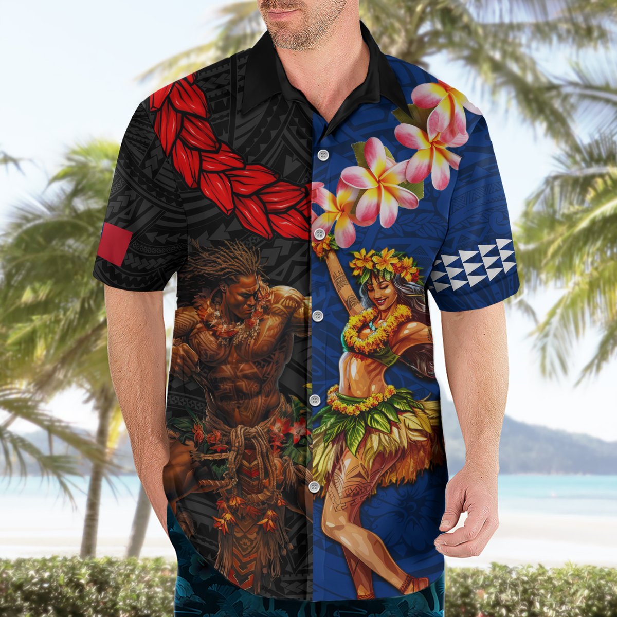 Hawaii and Samoa Together Hawaiian Shirt Samoan Warrior and Beauty Hula Girl