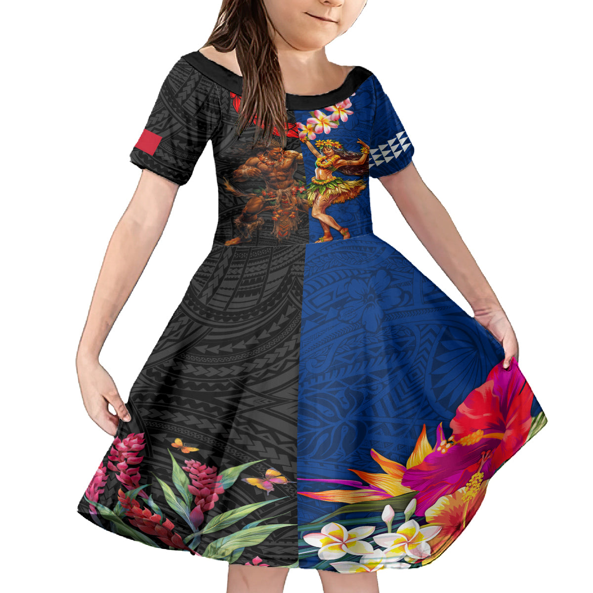 Hawaii and Samoa Together Kid Short Sleeve Dress Samoan Warrior and Beauty Hula Girl LT03 KID Black - Polynesian Pride
