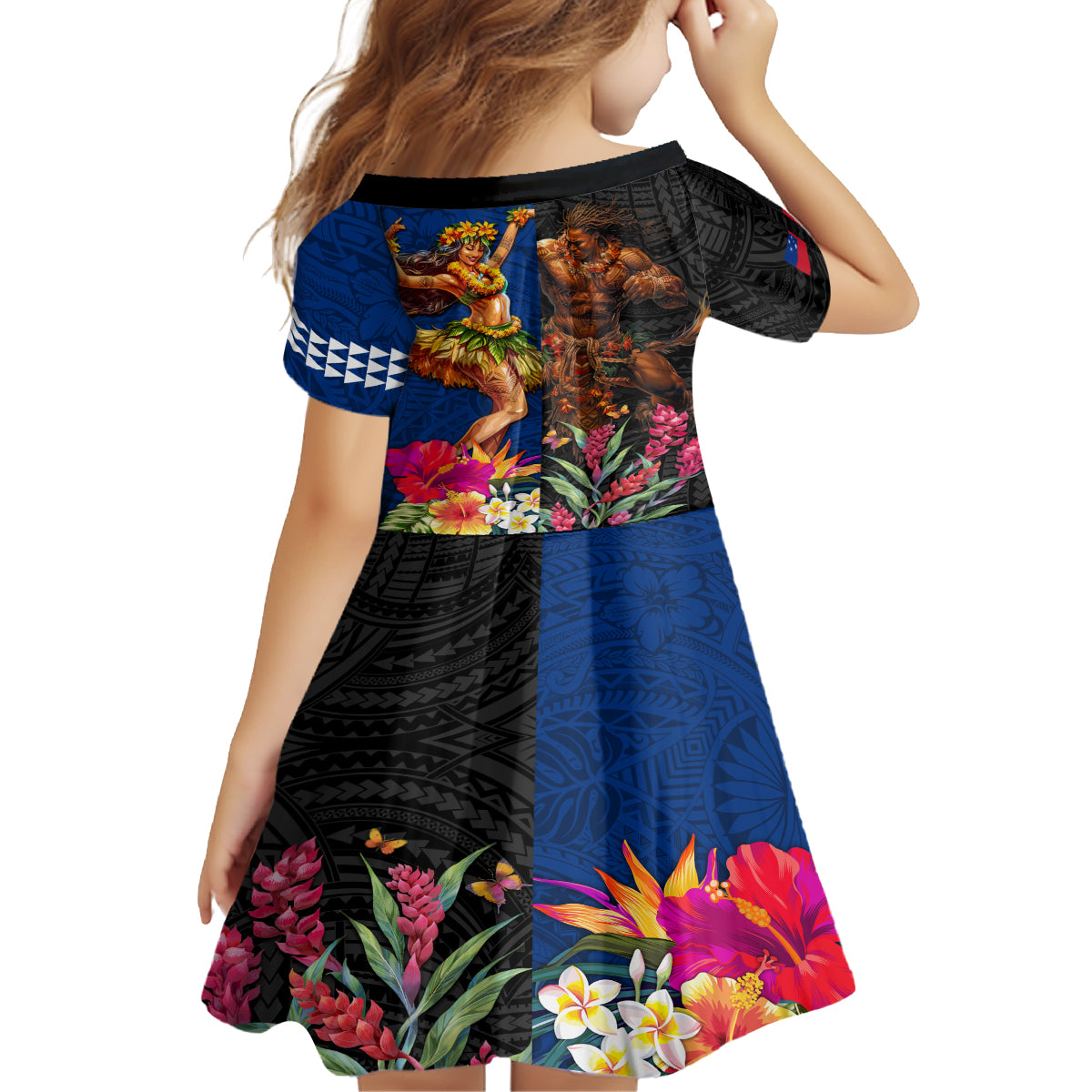 Hawaii and Samoa Together Kid Short Sleeve Dress Samoan Warrior and Beauty Hula Girl LT03 - Polynesian Pride