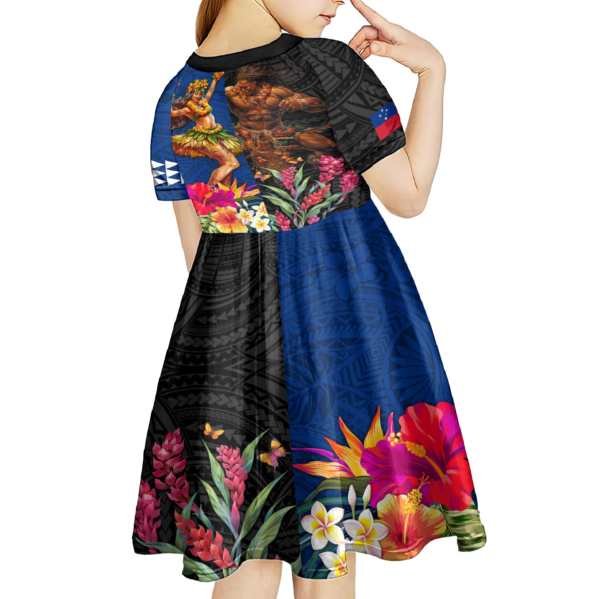 Hawaii and Samoa Together Kid Short Sleeve Dress Samoan Warrior and Beauty Hula Girl LT03 - Polynesian Pride