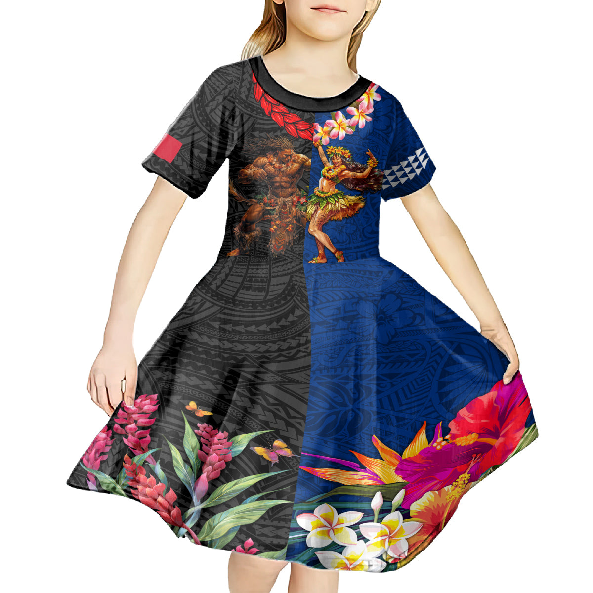 Hawaii and Samoa Together Kid Short Sleeve Dress Samoan Warrior and Beauty Hula Girl LT03 - Polynesian Pride