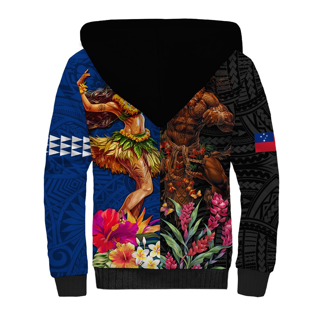 Hawaii and Samoa Together Sherpa Hoodie Samoan Warrior and Beauty Hula Girl LT03 - Polynesian Pride