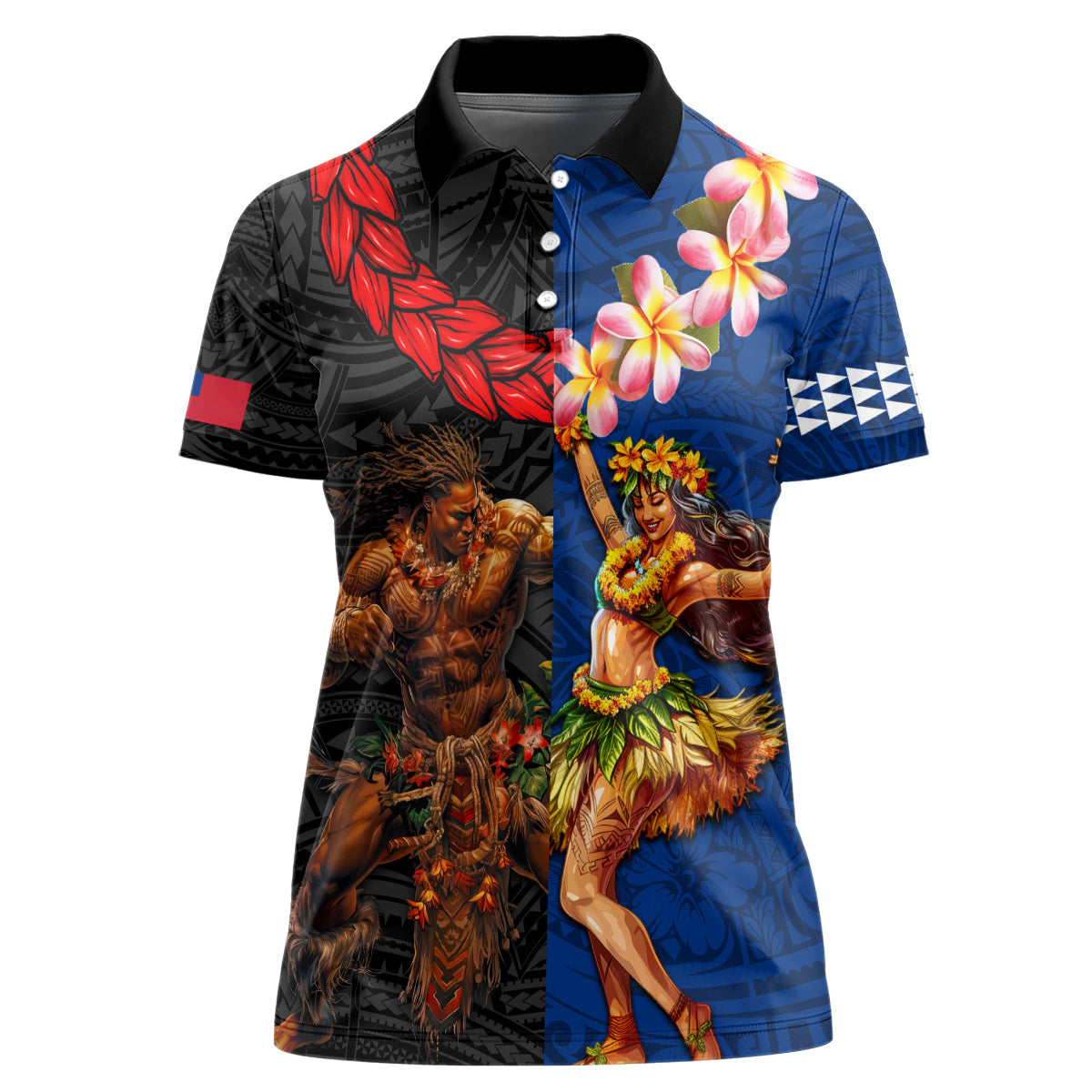 Hawaii and Samoa Together Women Polo Shirt Samoan Warrior and Beauty Hula Girl